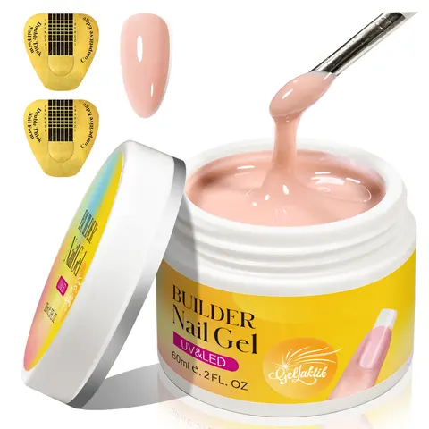 Builder Gel for Nails, 60g Nude Hard Gel for Nail Extension with 10 Nail Forms, Strengthener & Thickening, UV LED Lamp Cured Sculpture, Repair Broken Nails, Salon DIY Manicure Kit, Nail Care, Smooth, Cleanser