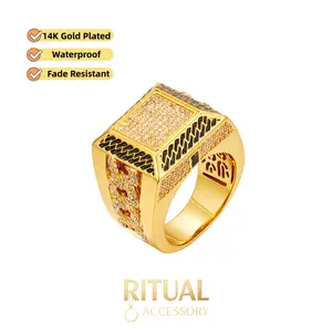 14K Gold Plated Men's Square Signet Ring, Paved Cubic Zirconia, Waterproof & Fade Resistant, Daily Wear Fashion Jewelry, Perfect Gift for Him