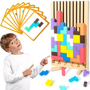 Wooden Stacking Puzzle Toy Thick Bright 3D Russian Blocks Giant Tetris Board Game Stress Relief & Brain Teaser Game Educational Gift for Kids Birthday & Easter Gift Family Activity