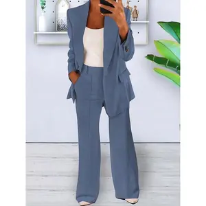 Women’s two-piece set featuring a solid-color blazer with front buttons and flap details, paired with suit pants with pockets; elegant lapel-neck long-sleeve outerwear and trousers suitable for work, office, and business; ladies’ spring and fall clothing.