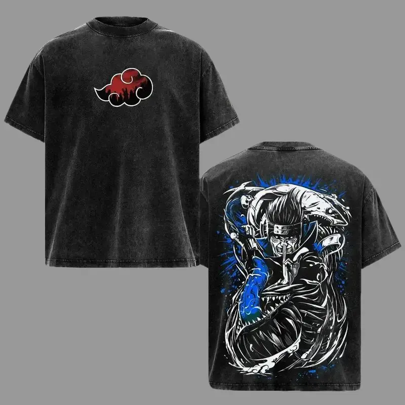 Men's Short-Sleeve Vintage Acid Wash Oversized Naruto Akatsuki Kisame Graphic Tee, Unisex Y2K Retro Streetwear, Japanese Manga Otaku Gift, Cosplay Casual Apparel Crewneck Tshirt