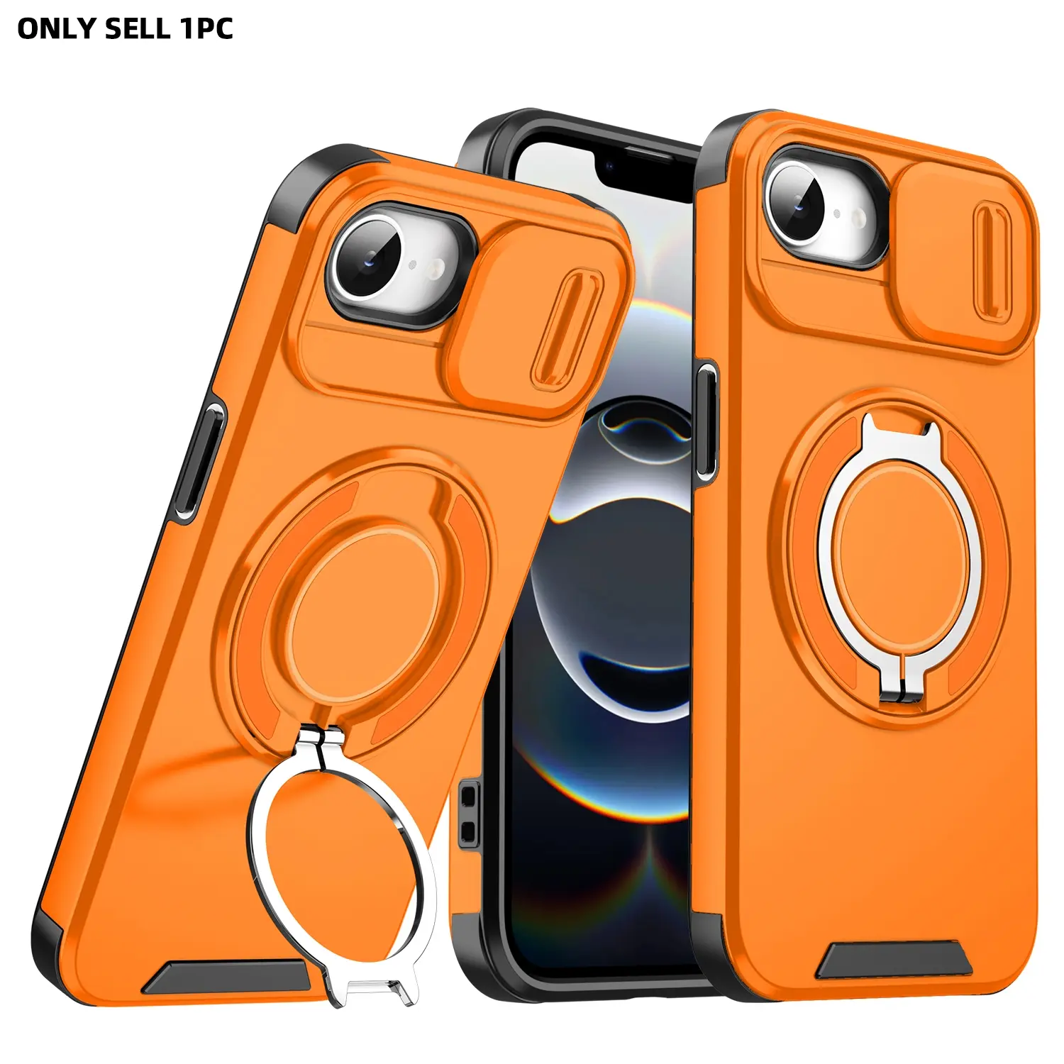 for iPhone 17E 16E (6.1") Smartphone Shockproof Case with Rotating Phone Ring Holder Kickstand/Slide Camera Cover, Compatible with MagSafe, Hard Plastic Shell Protective Rugged Magnetic Slim Cover Protector Casing