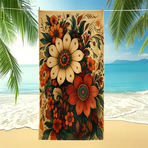 Retro Boho Floral Beach Towel, Botanical Flower Print Pool Towel, Absorbent Quick Dry Camping Towel, Sand Proof Multi-Use Bath Towel Blanket for Beach Pool Bathroom, Ideal Daily & Travel Gift for All People