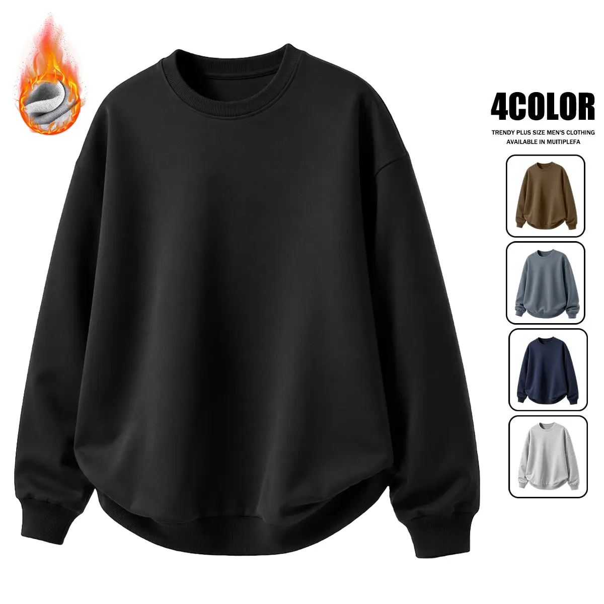 Menswear Fleece-Lined Long Sleeve Round Neck Sweatshirt - Stylish Classic Plain Athletic Casual Loose Drop Shoulder Wide Fit Pullover Base Layer for Fall Winter