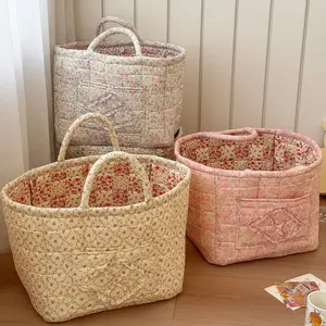 Floral patchwork ruffle storage basket, large-capacity fabric tote organizer, laundry hamper, available in multiple colors