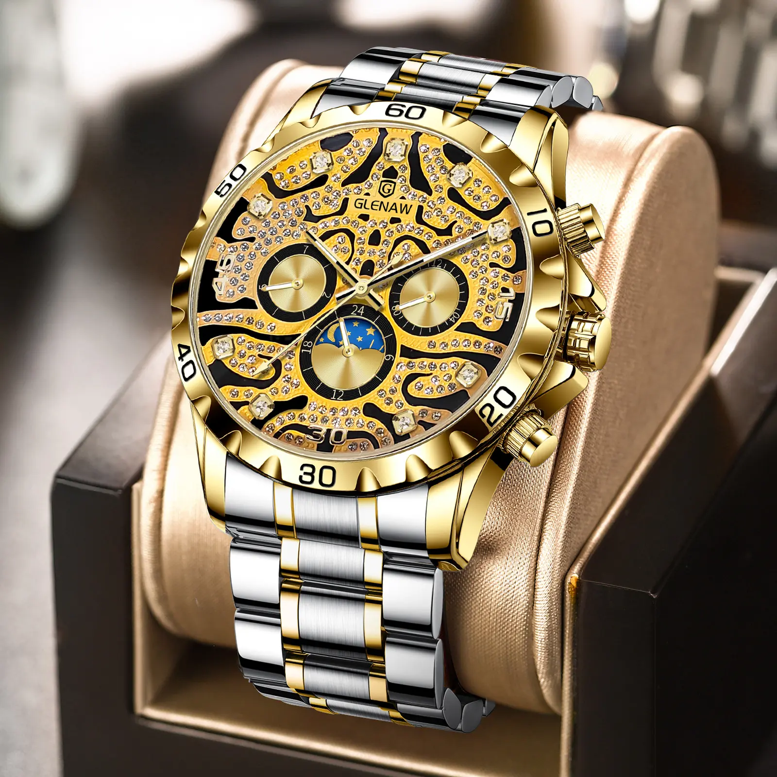 GLENAW Men's Multi-Functional Gold Diamond-Set Chronograph, Waterproof Luxury Business Luminous Quartz Wrist Watch