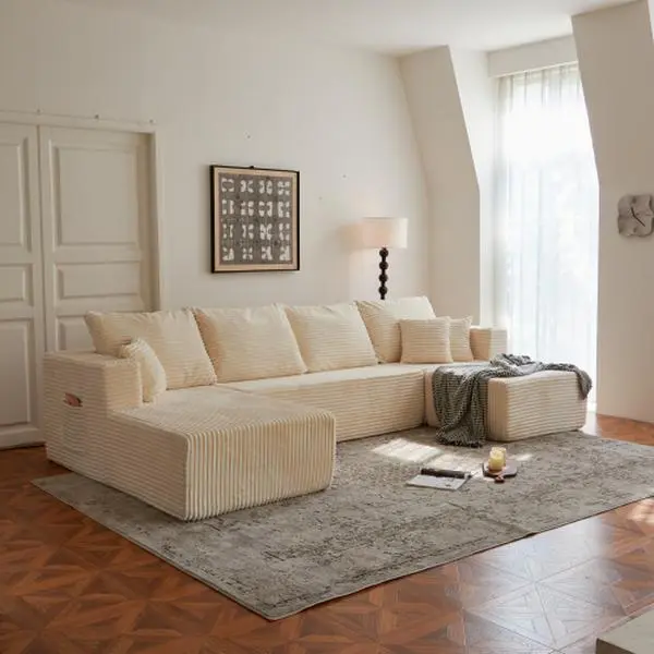 Clearance – Frameless "Cloud" Sectional Sofa: Corduroy Living Room Sofa, U-Shaped Modular Sofa with Chaise, No Assembly Required, Oversized 5-Seater Model.