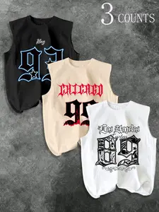 3 Piece Set Men's Minimalist Style Sleeveless Tank Tops, Los Angeles Gothic Font, Slim Fit, Streetwear Fitness Apparel