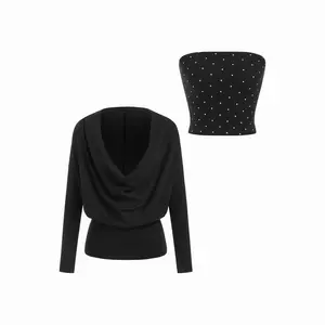 Cider Cotton-blend Polka Dot Bandeau Top & Cowl Neck Oversized Top Set