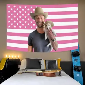 Glen Powell Pink Denim American Flag (3×5ft) with Brass Grommets, Wall Tapestry Decoration, Party Backdrop Banner for College Dorm Fan Events