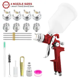 RRJ 827 HVLP plastic cup spray gun is suitable for walls, car paint, furniture, with high precision of 1.4/1.7/2.0/2.5mm, 4 size switches, and 65% paint utilization rate. High-Pressure Aluminum Kit Sprayer ppaint Adjustable Nozzles air regulator