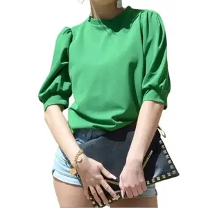 Mock Neck Knit Top - Fitted Spandex Knitwear with Button and Ruched Sleeves for Women Half Sleeve Style Comfortable & Stylish