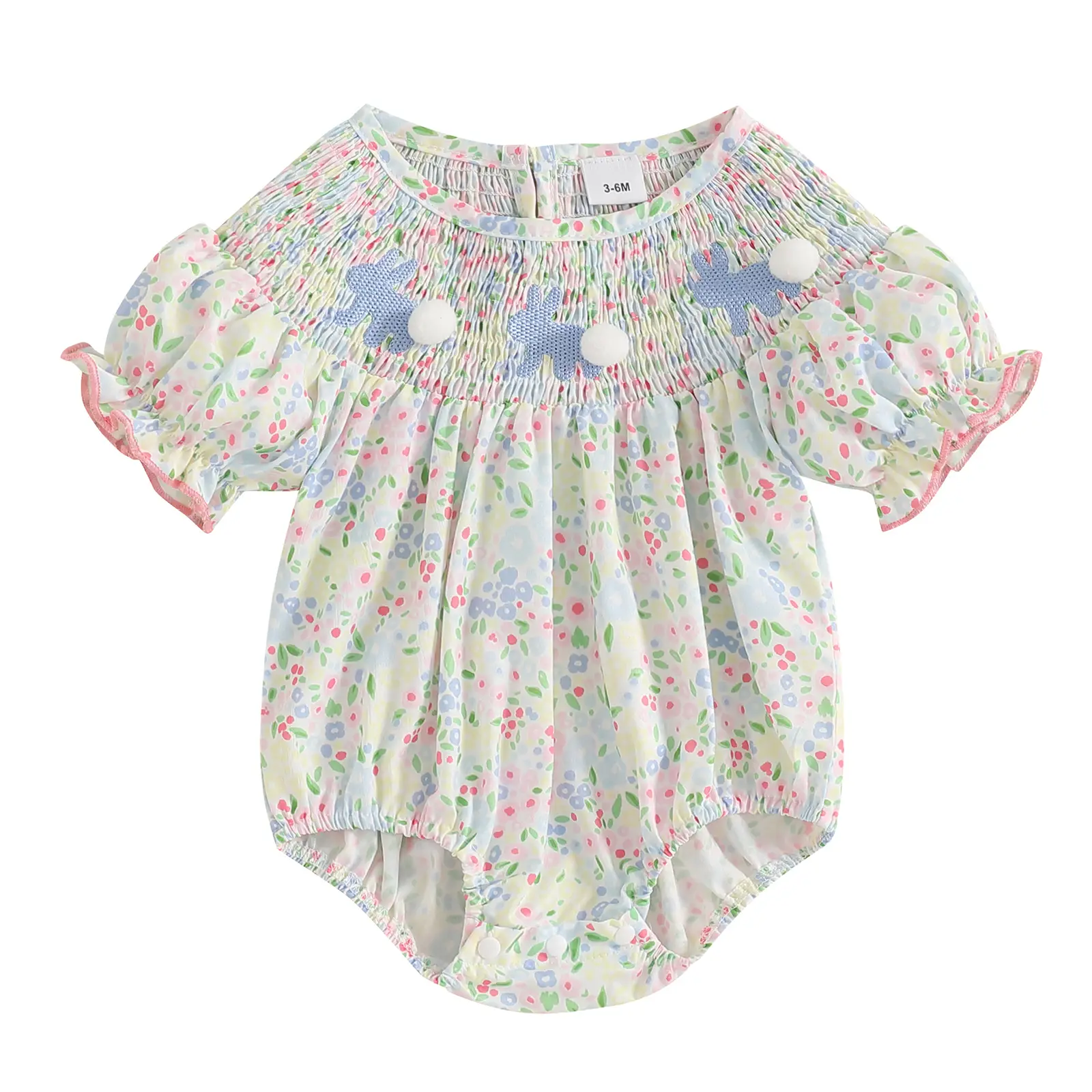 Baby Girl Easter Outfit Infant Bunny Floral Smocked Romper Newborn Rabbit Embroidery Short Sleeve Onesie Spring Summer Bodysuit Toddler Easter Clothes