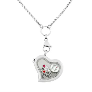 Stainless Steel Silver-Tone Adjustable Magnetic Chain & Link Glass Locket Pendant Necklace with Floating Charms - Love Heart, Dog, Family Mom Themes, Gift-Ready (Charms Included)