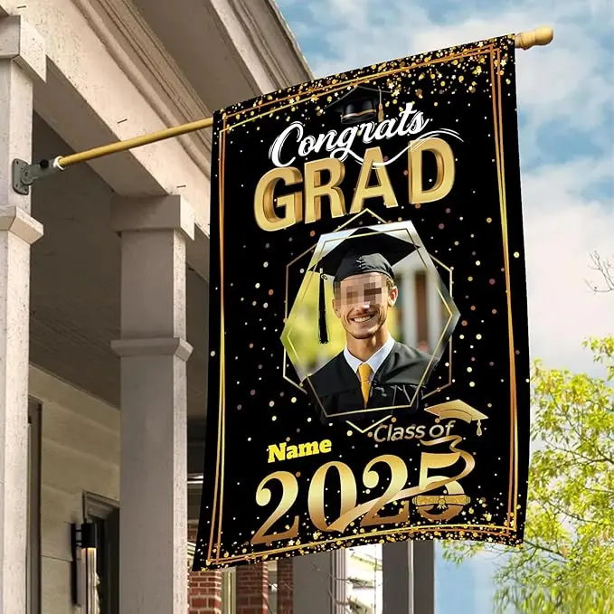 Personalized Graduation Garden Flag 2025 Congratulation Grad Yard Sign Outdoor Home Flag for Graduation Party Ceremony(Black and Gold)