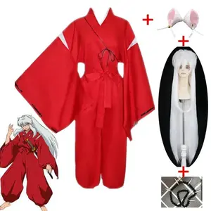 Anime Inuyasha Cosplay Costume Red Japanese Kimono Man Robe Costume Clothing With Wigs Ears And Necklace For Halloween Party