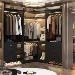 L-Shaped Wardrobe Organizer, 34 Inch Corner Closet System, Freestanding Garment Rack with Adjustable Shelves and Hanging Rods, Compact Walk-in Storage Solution