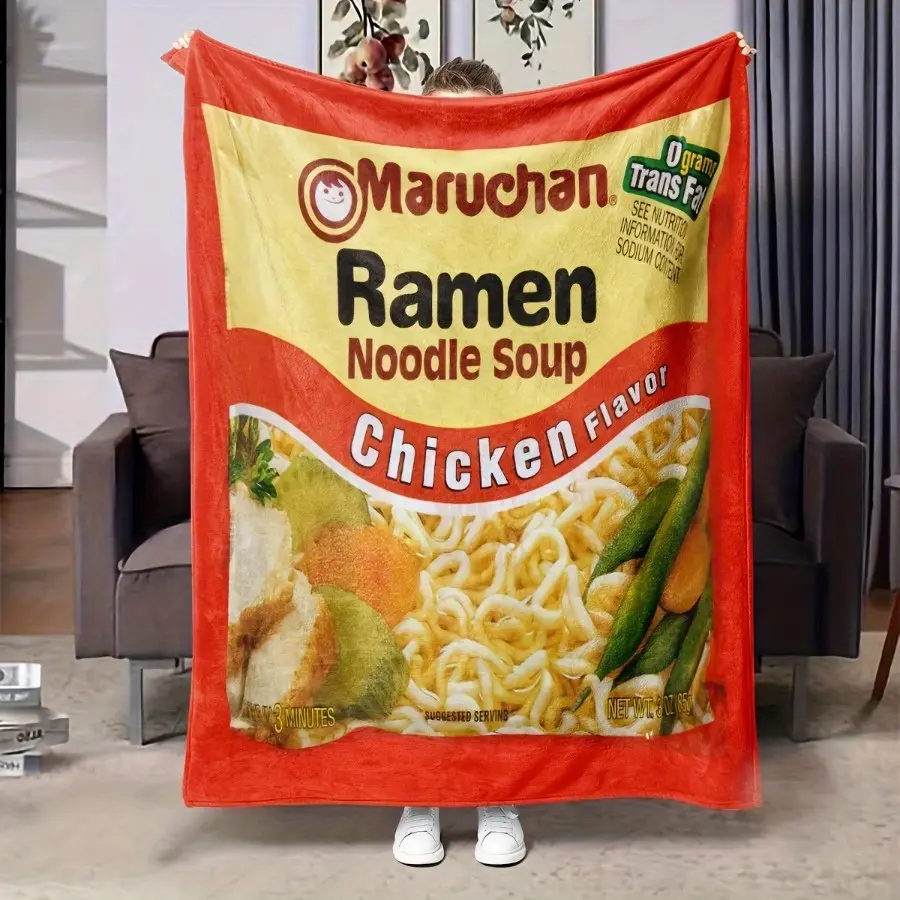 1Pc Maruchan Chicken Flavor Ramen Noodle Soup Throw Blanket - Soft, Comfortable, Fluffy Microfiber Polyester Knitted Blanket for Adults, Boys, Children, Camping, All Seasons, Durable