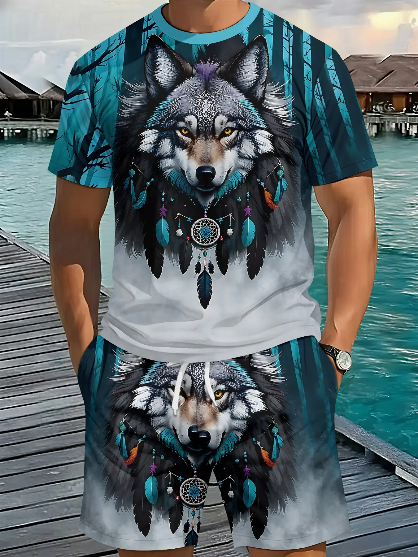 Men's 3D Digital Printed Dreamcatcher Wolf Pattern 2-Piece Set, Round Neck, Trendy Retro Casual Outfit, Vacation Style Tropical Fashion Wear, Menswear, Breathable Sporty Casual Style, Ideal Holiday Gift for Men Clothes