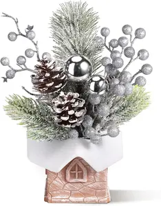 Small Christmas Tree Tabletop Artificial Mini Christmas Tree Decorations with Holiday Ornaments Red Berry Pine Cone Greenery for Home Indoor Fireplace Mantel Xmas Decor (Cabin-Silver)