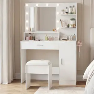 35.4-Inch Vanity with Mirror, Featuring Three-Level Adjustable Lighting, a Drawer Unit, Shelves, an Outlet, and a Stool. a Compact Vanity Suitable for Living Rooms and Apartments
