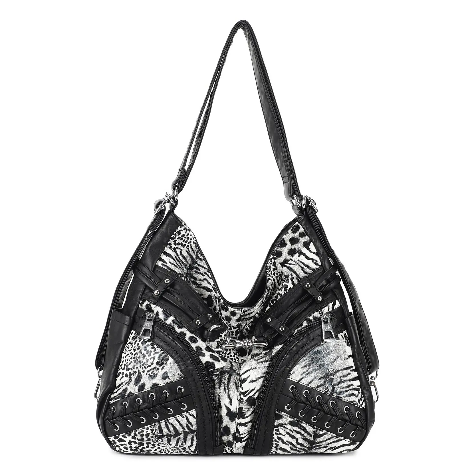Lvanka's Y2K Punk Leopard Zebra Print Hobo Bag Large Multi Zipper Pocket Convertible Crossbody Shoulder Purse Vintage Washed PU Multi Compartment Adjustable Strap Crossbody Purse for Women Streetwear 2 Ways to Wear Adjustable Crossbody Handbag
