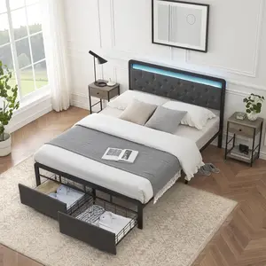 Garvee LED Bed Frames in Queen and Twin Sizes with Upholstered Platform Design, Storage Drawers, LED Lighted Headboards, Metal Frames, and No Box Spring Required, Available in Dark Grey