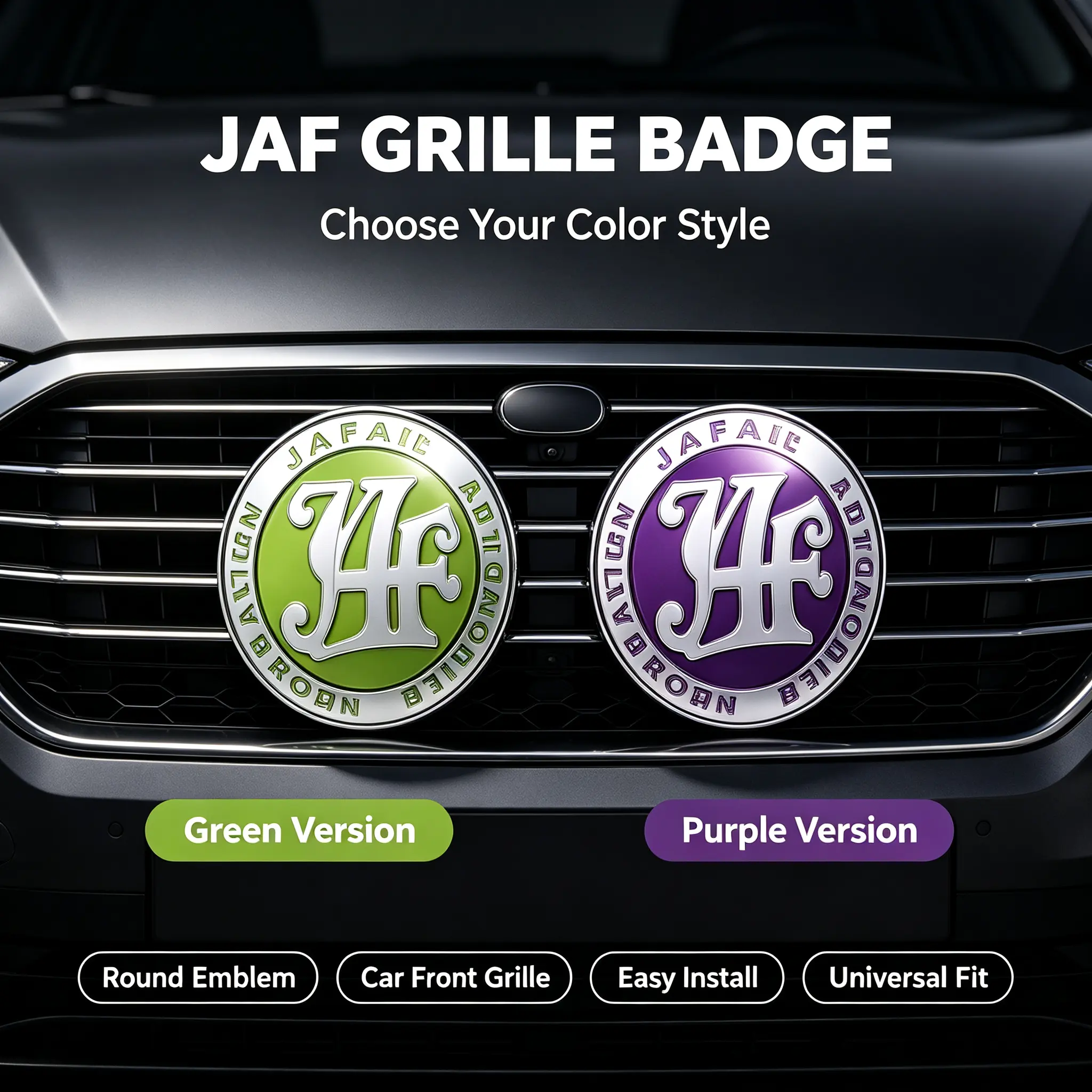 Universal JAF Car Grille Badge, 3D Round Custom Emblem, Automotive Exterior Decoration for Front Grille, Green/Purple Available