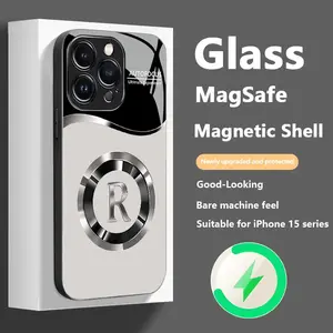 Suitable for [iPhone 14 Pro Max] New high-end magnetic R-ring anti-drop glass mobile phone case New business simple metal paint electroplated glass wireless charging mobile phone case Affordable anti-drop and anti-fingerprint 995