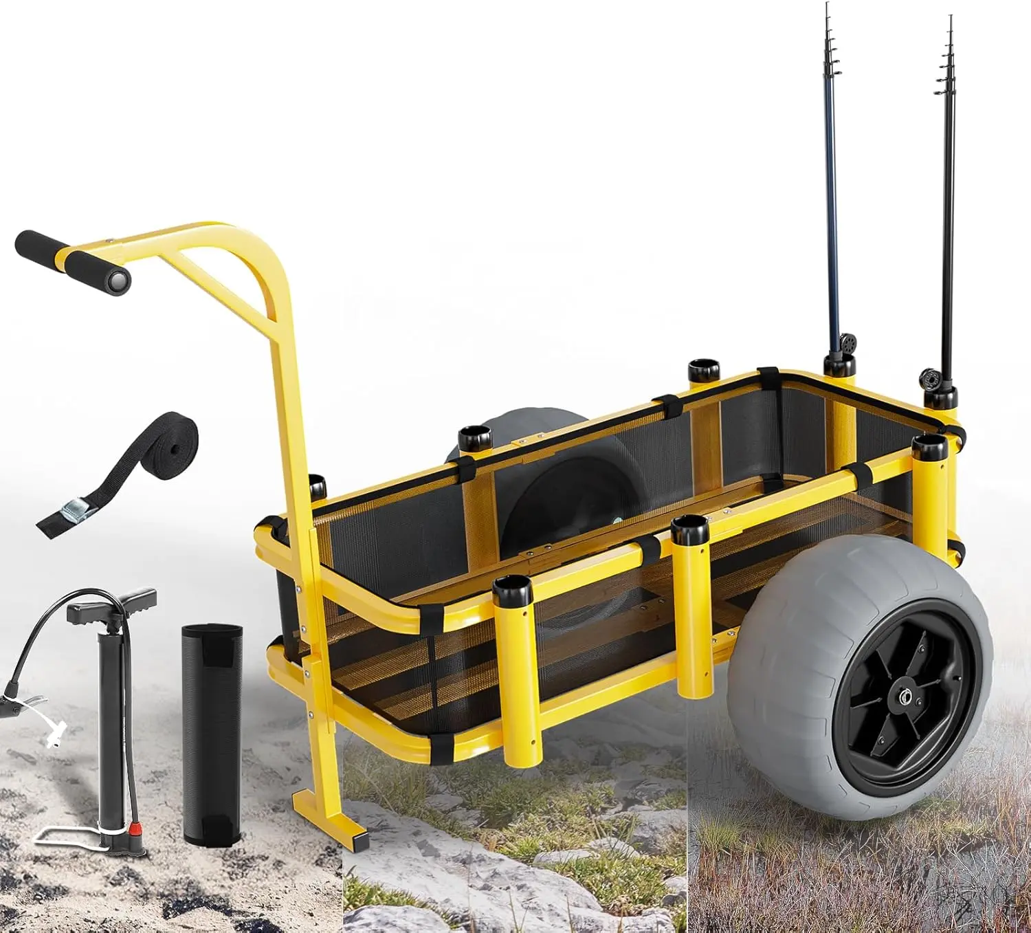Beach Cart, Fishing Cart with 16" Big Balloon Wheels, Beach Wagon with Big Wheels for Sand, 400 lbs Load Capacity, 8 Fishing Rods Holders, Mesh Bag, Hand Pump