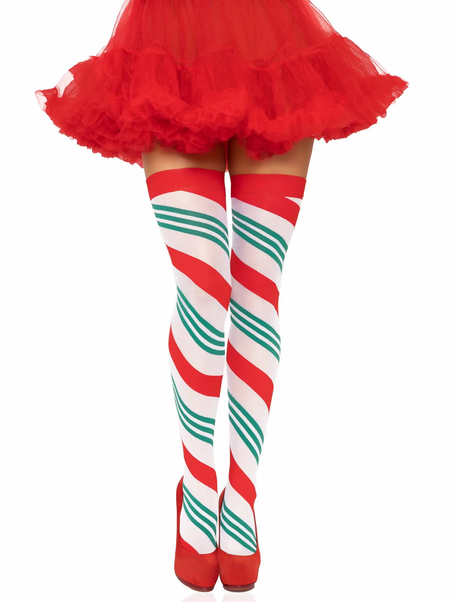 Women's Thigh High Stockings in Jolly Holiday Stripes, Sexy Breathable Hosiery for Christmas Outfits, Ultra-Soft Stretchy Fabric