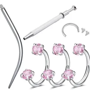 Horseshoe Nose Hoop Internally Threaded Gems Nose Ring with Free Ball Holder & Guiding Needle