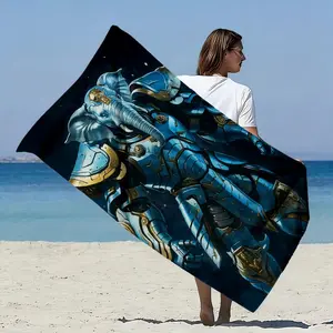 Fantasy Elephant Warrior Beach Towel, Blue & Gold Armored Elephant Art Oversized Beach Towel, Soft Quick-Dry Towel for Beach & Pool