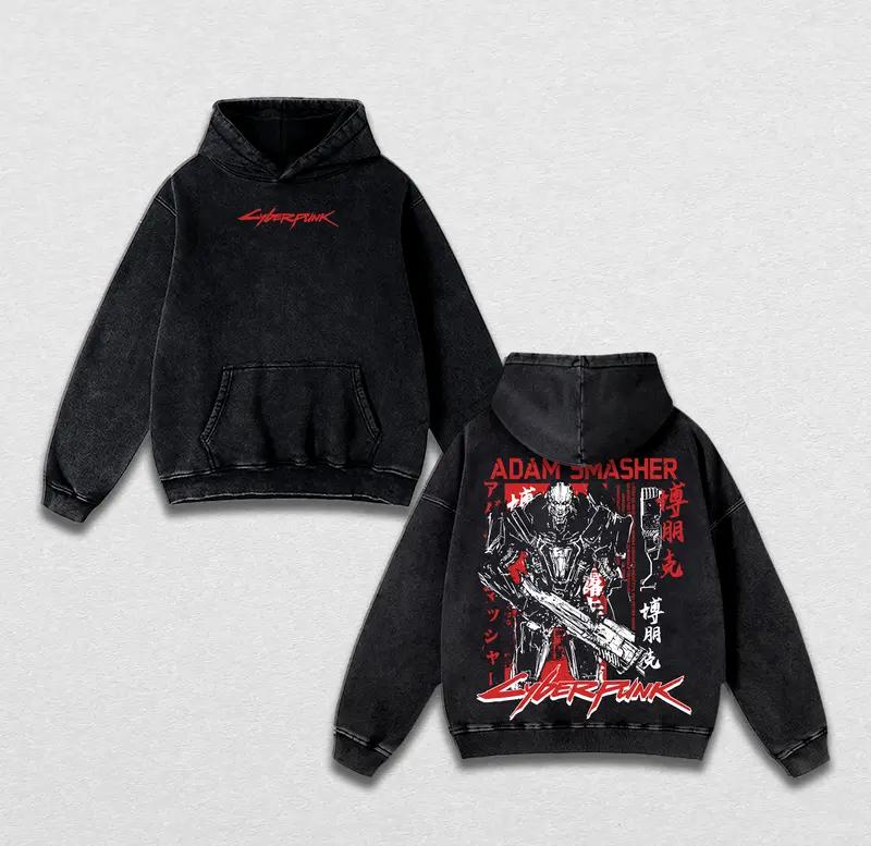 CYBERPUNK 2077 Adam Smasher Unisex Acid Washed Lightweight Cotton Fabric Menswear, Gifts for Gamers Cyberpunk Edgerunners Hoodie graphic Hoodie