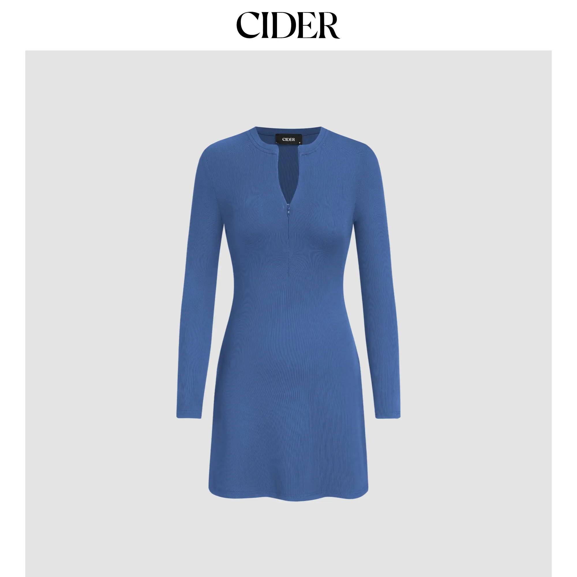 Cider Women's Basic Casual Long Sleeve Elastane Fitted Knit Bodycon Mini Dress - Solid Round Neck, Zipper Front, Above-The-Knee Length, for Parties & Daily Wear