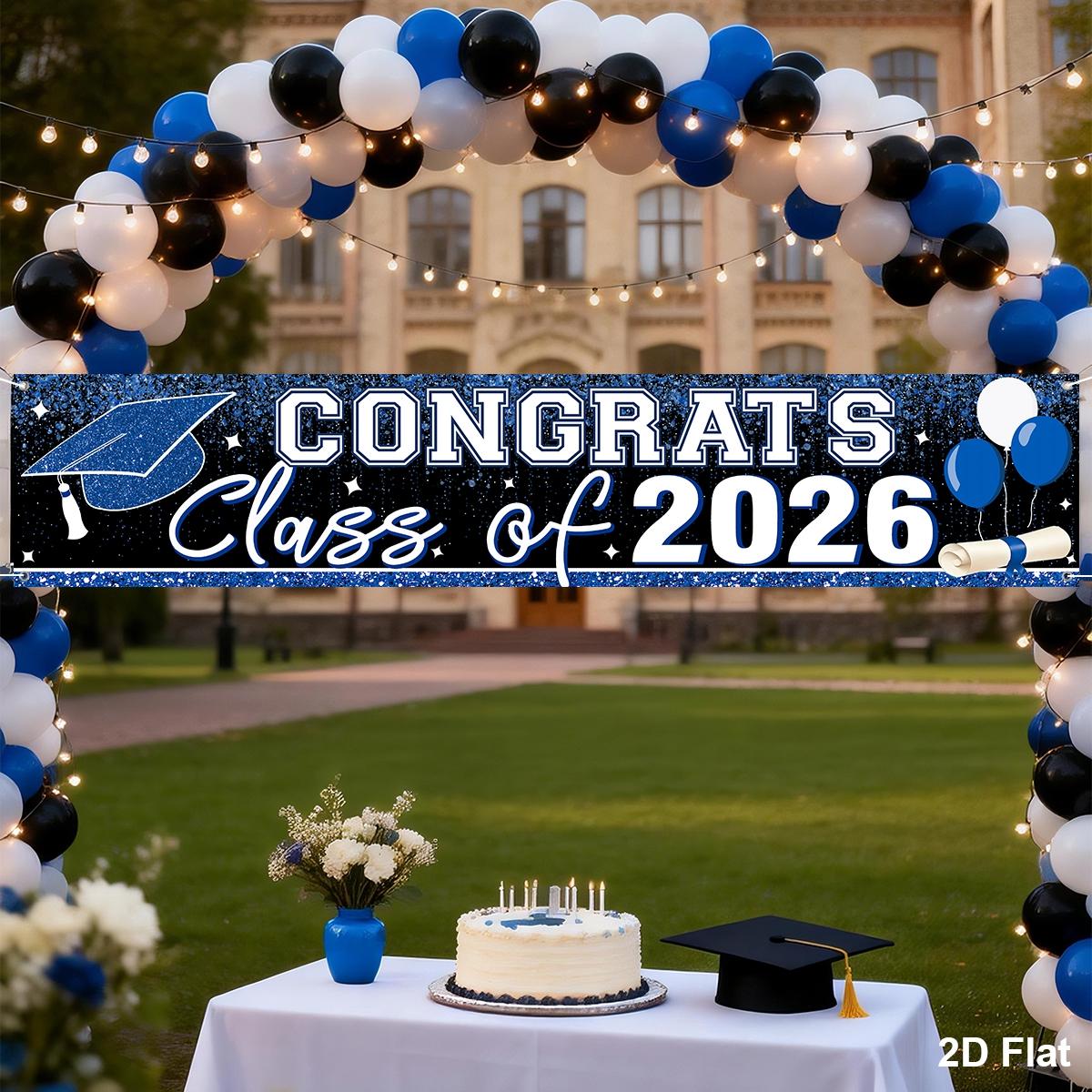 1pc Large Graduation Banner, 200*40cm Class Of 2026 Congrats Grad Yard Sign. Blue White/Black Gold/Black White Gold. 2D flat hanging welcome sign for graduation party, fence, garage, garden, porch, backdrop, home wall & room decor.