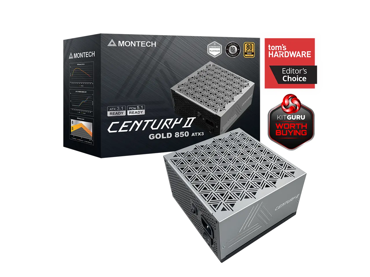 MONTECH CENTURY II - 850W High-End ATX Gaming Power Supply - 80 Plus Gold & Cybenetics Platinum - Fully Modular -  ATX 3.1 & PCIe 5.1 Ready with 12V-2x6 Cable - 10 Years Warranty