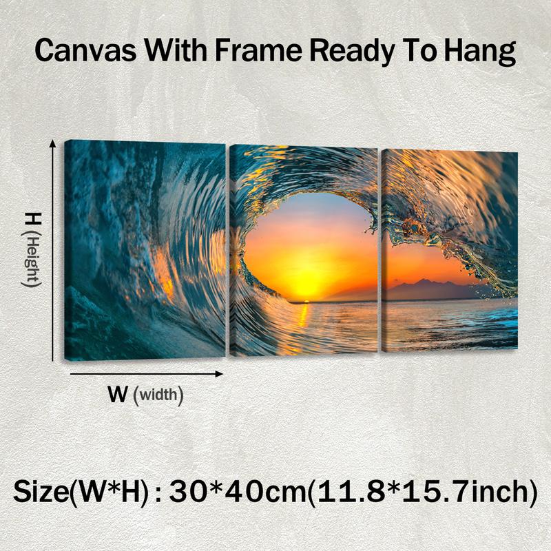 3Pcs Wooden Framed Canvas Painting, Ocean Sunset Beach Waves Scene, Exquisite Poster, Home Decoration, Pattern Wall Art Decor, For Living Room, Bedroom, Office, Restaurant, Bar Wall Decor, Odorless, Painting, Print Artwork.