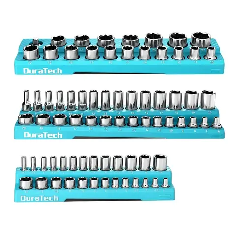 #toolupgrade DURATECH Magnetic Socket Organizer Set, 1/4", 3/8", 1/2" Drive Metric Socket Holders Socket Trays for Tool Box and Tool Cart, Hold 74 Counts Standard Size Deep Size Sockets (Sockets Not Included)