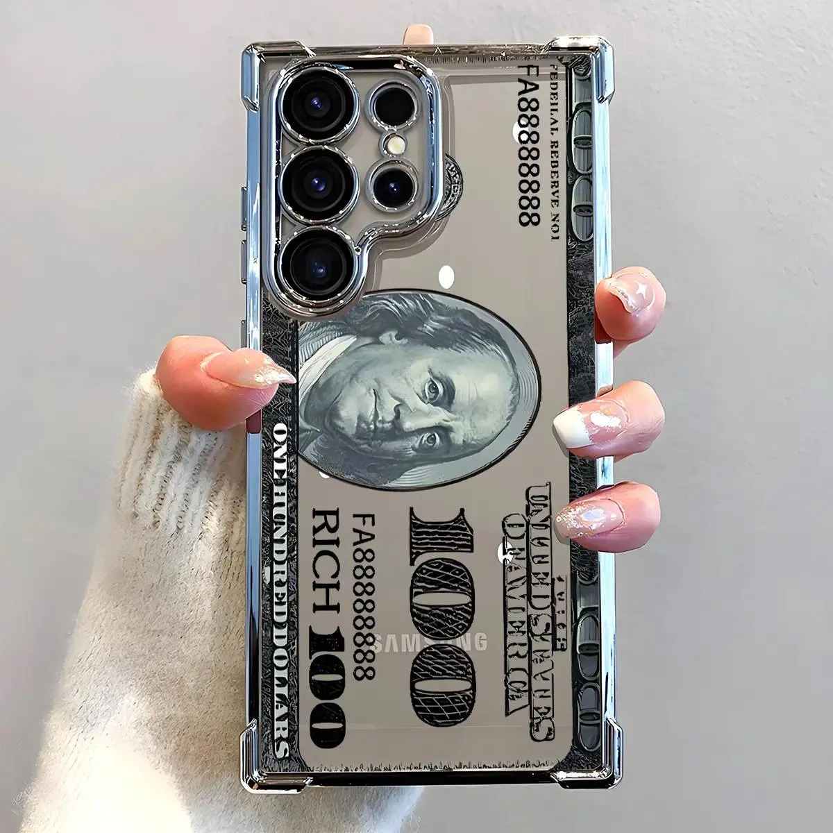Funny 100 Dollar Bill with Rich Cash Design Phone Case, Electroplated Cover with Airbag Shockproof Slim Soft TPU Cover for Samsung S26 S25 S24 S23 S22 Ultra S25Edge S24FE Plus S25+