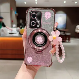 Honor 90 GT 5G Popular Series Flower Strap Lanyard Phone Holder Case For Compatible With Huawei Honor 90 GT 5G Transparent Glitter Shiny Cover and Impact Resistant Pink Beautiful Happy Four Leaf Clover Protector Cases