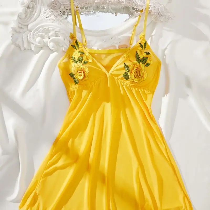 Women's Floral Embroidery Cami Sleeveless Nightdress, Soft Comfortable Spaghetti Strap Nightgown for All Seasons, Fashion Ladies' Sleepwear for Daily Wear, Embroidered Sleepwear, Elegant Nightwear