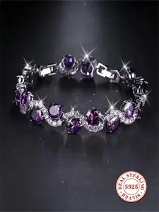 S925 Sterling Silver Amethyst Bracelet for Women, Sparkling Purple Crystal Cubic Zirconia Tennis Bracelet, Elegant Link Bracelet Jewelry for Wedding Party Anniversary Birthday Gift for Her