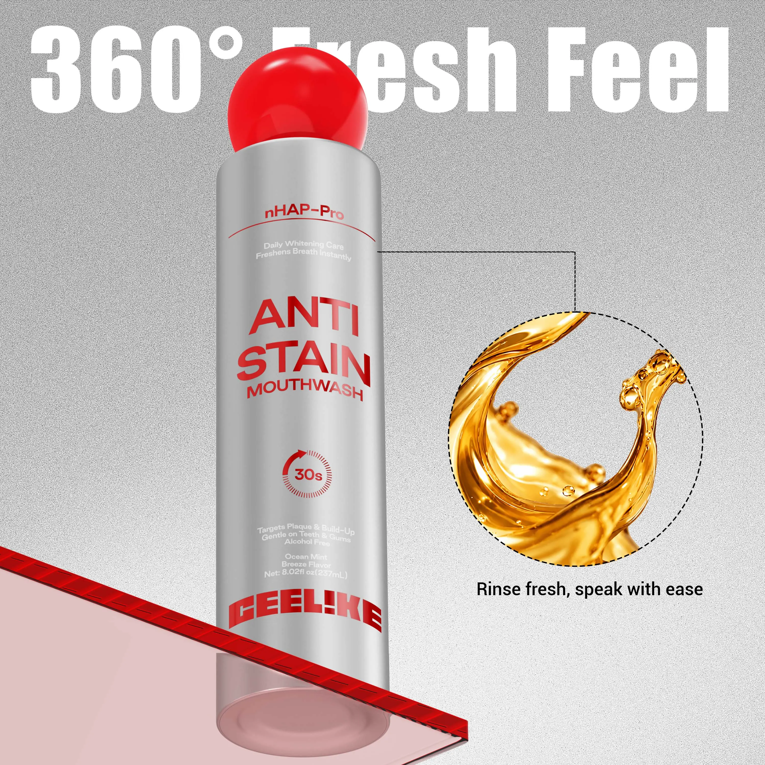 CEELIKE Stain Whitening Mouthwash, Brightens Teeth, Freshens Breath with Essential Oils, 237ml