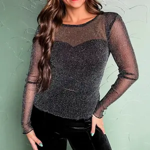 Sparkly Mesh Sheer Top for Women |   Glitter Long Sleeve See Through Bodysuit Shirt |   Plus Size Friendly Rave Festival Tops