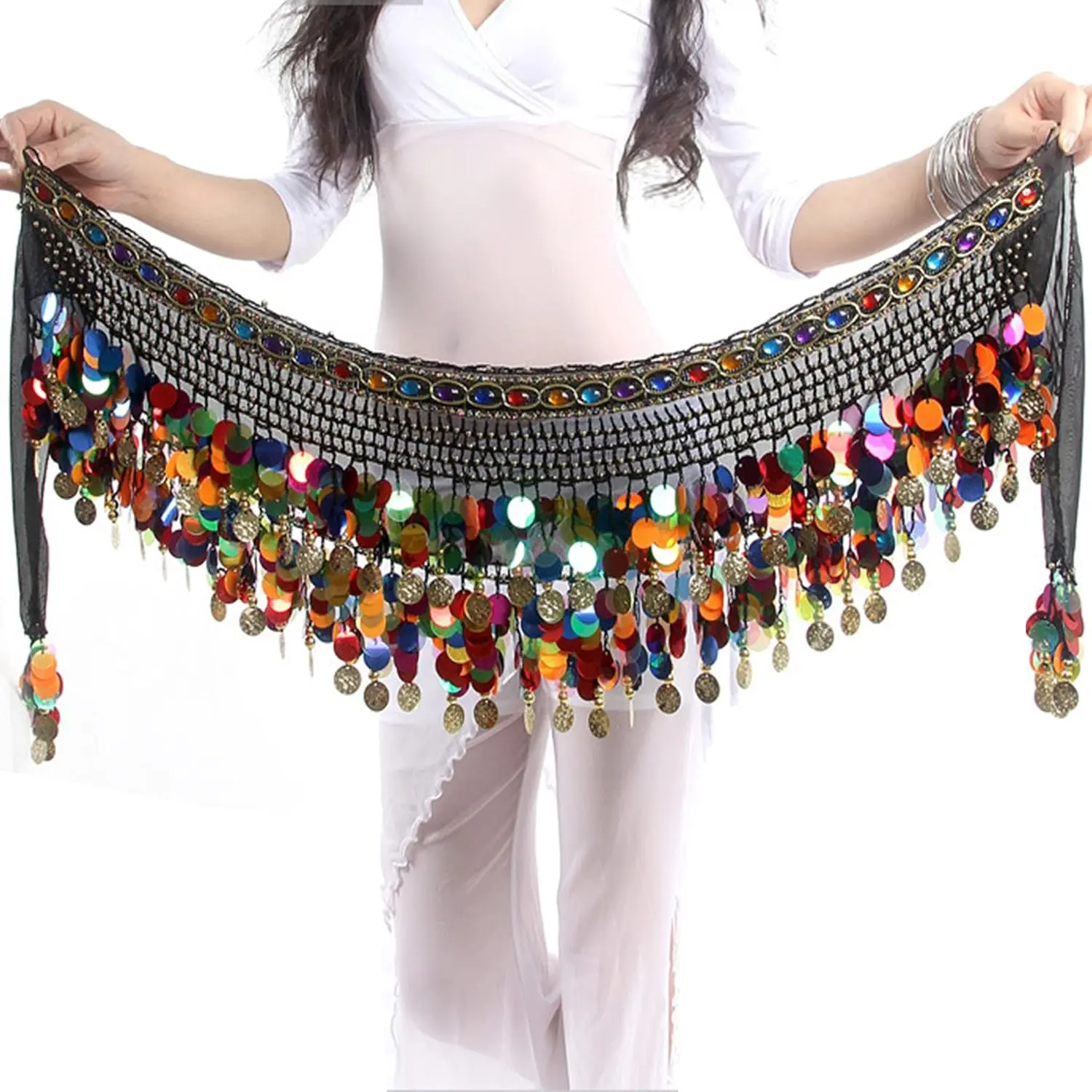 Women's Belly Dance Hip Scarf, Sweet Belly Dance Skirt Wrap Performance Bling Sequins Coins, Belly Dance Costume