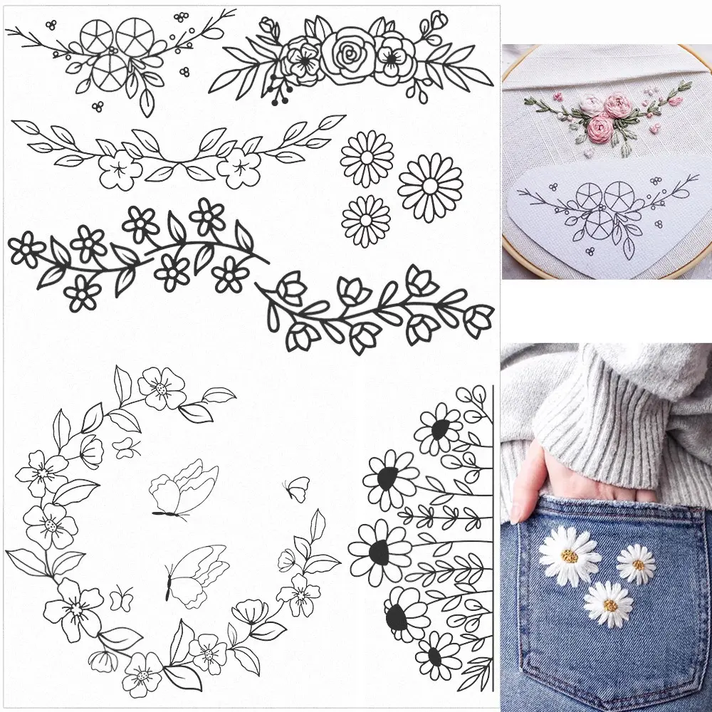 Water-Soluble Embroidery Pattern, Water Soluble Embroidery Patterns, Embroidery Flower, DIY Sewing Stabilizer, Easy-To-Remove Adhesive, Ideal for Clothes, Shoes, Hats, Christmas Socks, Decorative Crafts