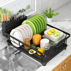 Dish Drying Rack - Space-Saving Small Dish Rack for Kitchen Counter, Rust-Resistant Kitchen Drying Rack, Compact Dish Drainer Organizer with Utensil Holder for Kitchen, Black