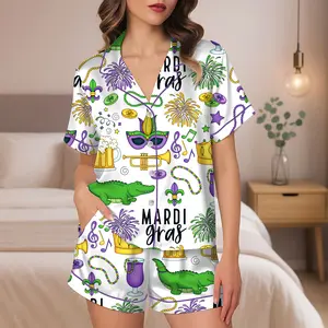 Mardi Gras Satin Pajama Set, New Orleans Carnival Holiday Sleepwear, Matching Pajama Pants for Women Men, Coquette Cruise Party Lounge Outfit, Gift for her