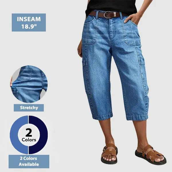Flamingals Wash Pocket Side Mid Waist Barrel Leg Capri Jeans Womenswear Stretchy 18.9" Inseam Flamingals Wash Pocket Side Mid Waist Barrel Leg Capri Jeans Womenswear Stretchy 18.9" Inseam